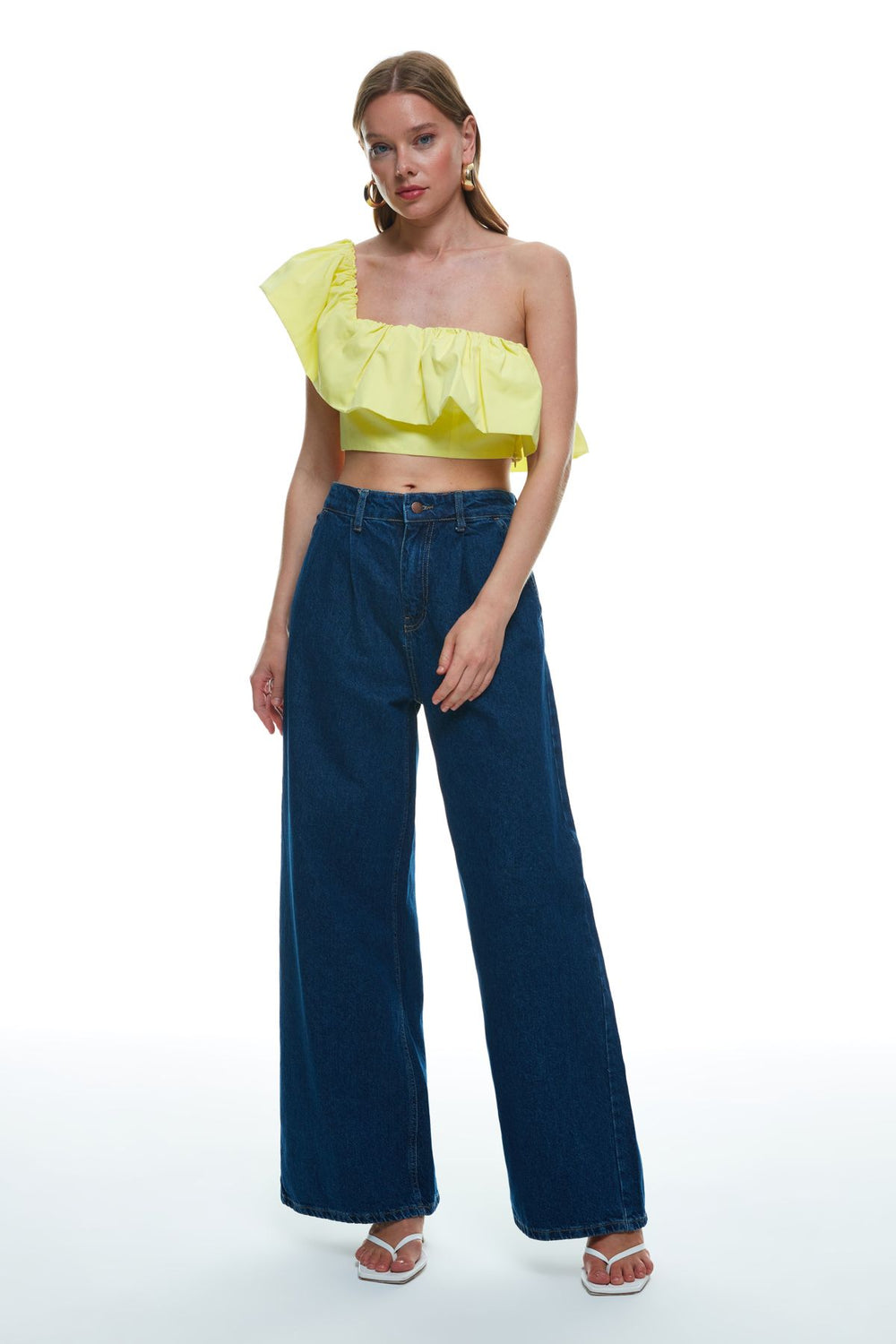 Ruffle Detailed One-Shoulder Crop Blouse Yellow