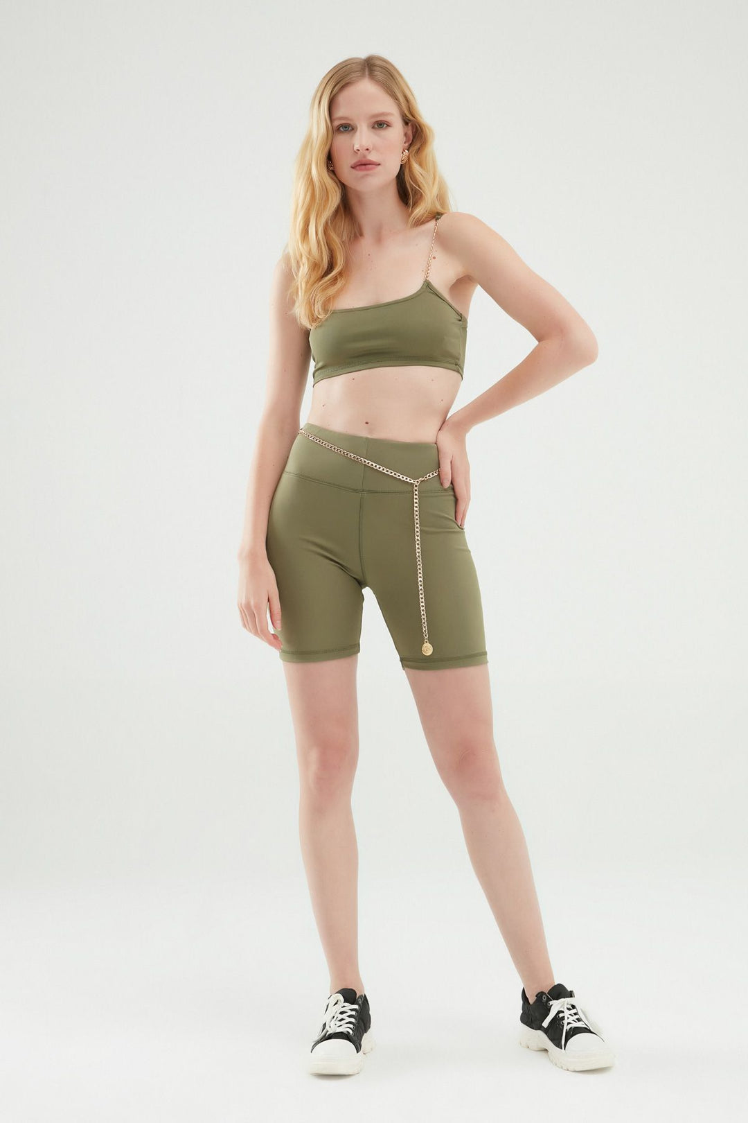 Zincir Kemerli Biker Tayt Haki