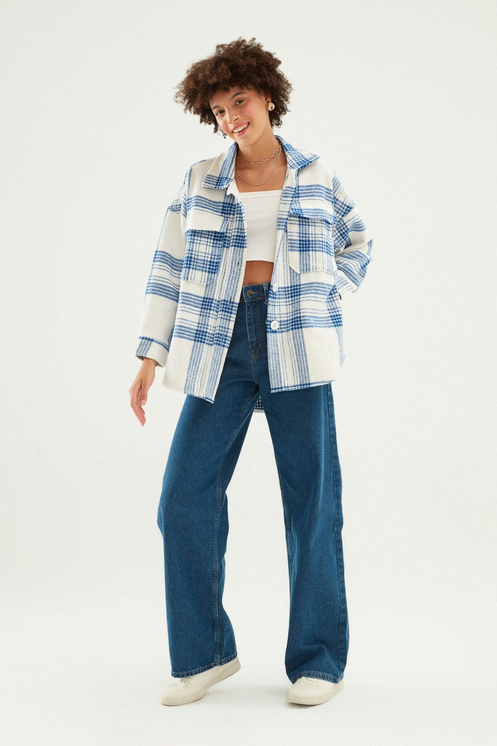 Çizgili Büyük Cepli Gömlek Mavi