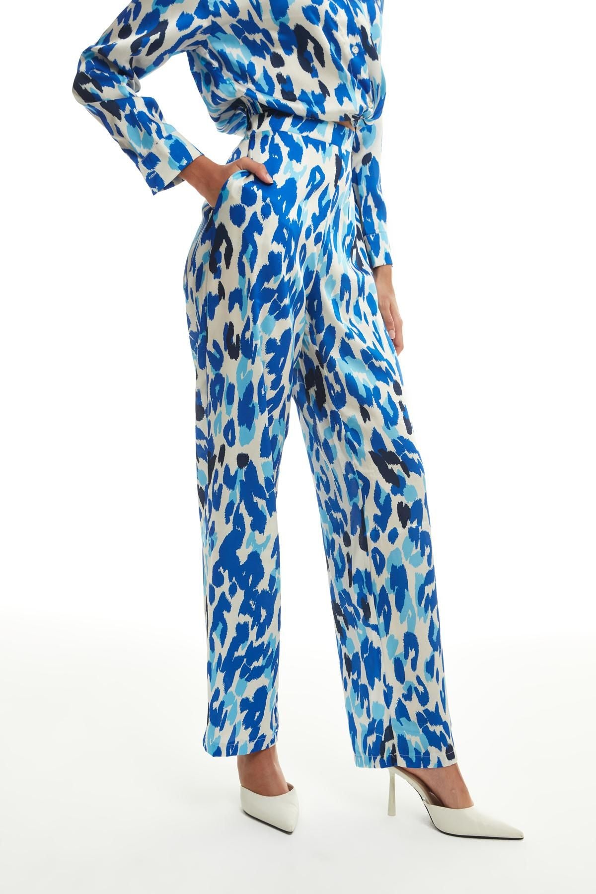 Patterned Satin Wide Leg Trousers Sax