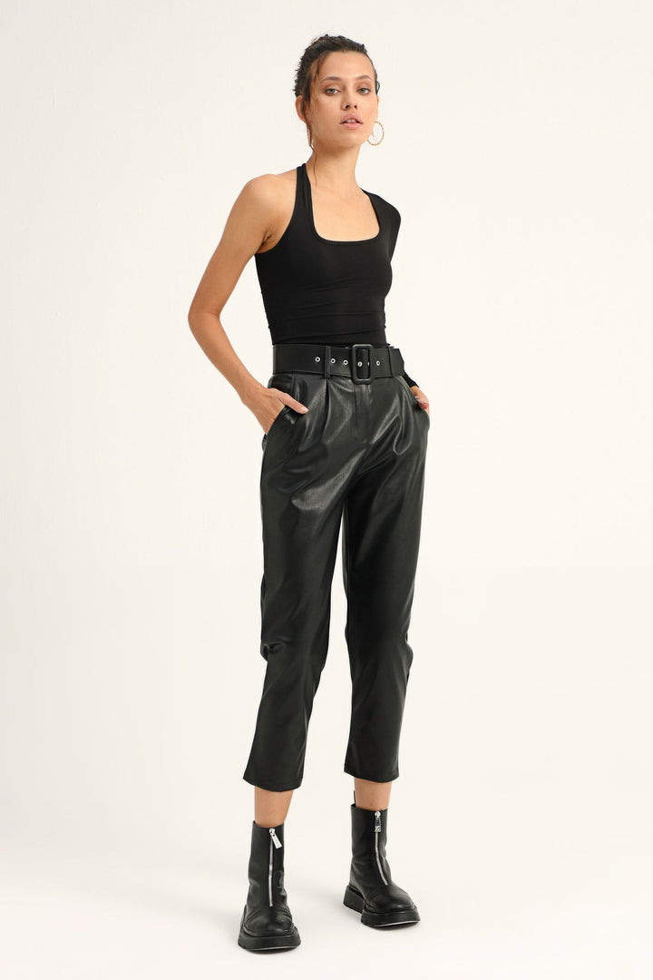 Belted Leather Trousers Black