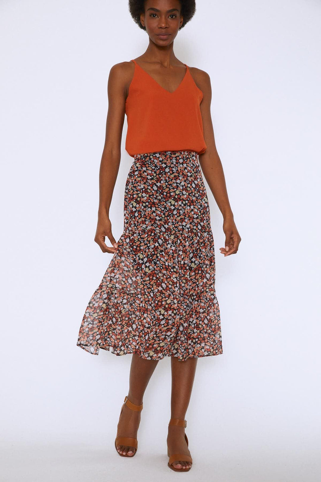 Midi Crispy Floral Skirt Orange