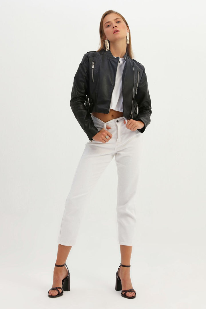 Belt Detailed Biker Leather Jacket Black