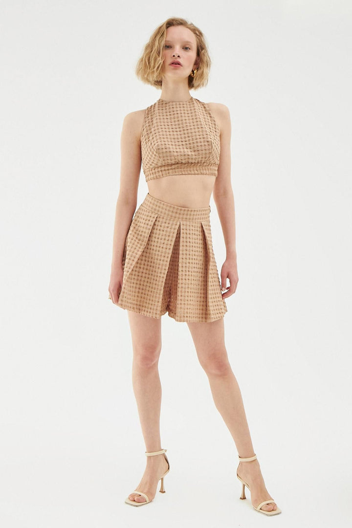 Pile Detaylı Şort Etek Bej