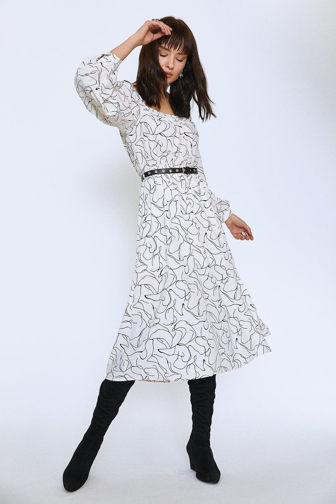 Patterned Belt Detailed Midi Dress Ecru