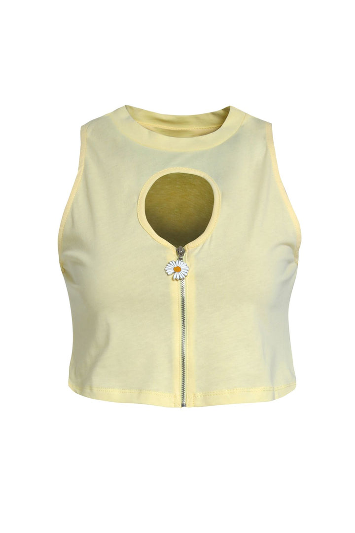 Decollete Detailed Zippered Sleeveless T-Shirt Light Yellow