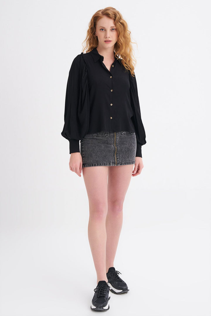 Balon Kol Fırfır Detaylı Gömlek Siyah