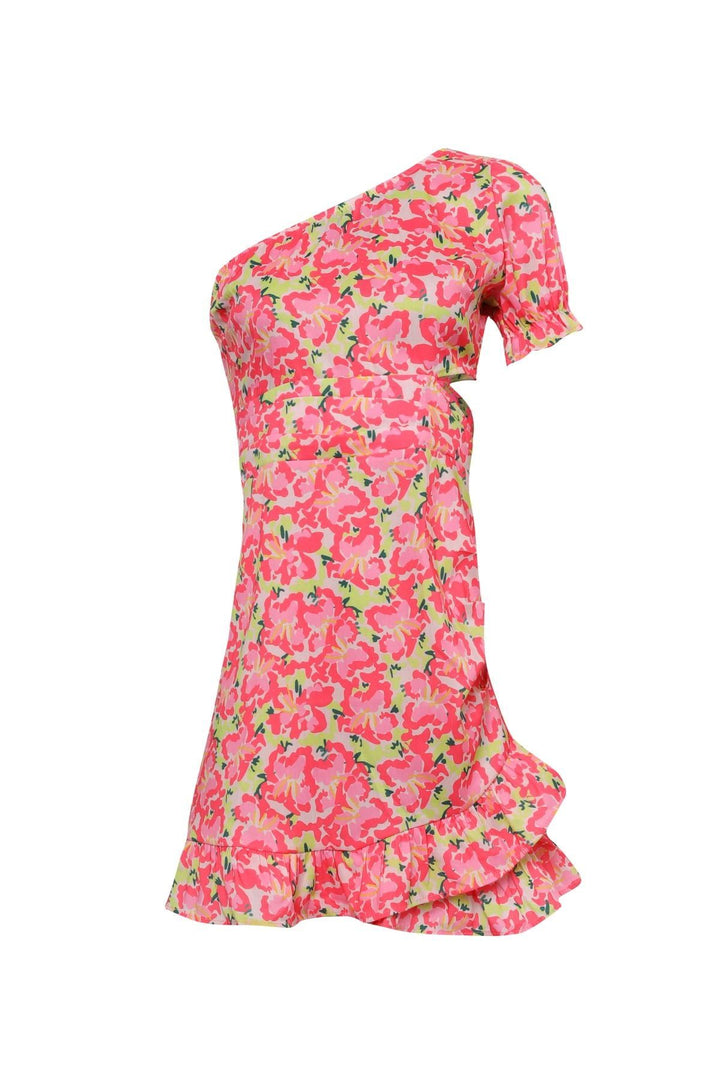 Floral One Shoulder Decollete Dress Pink