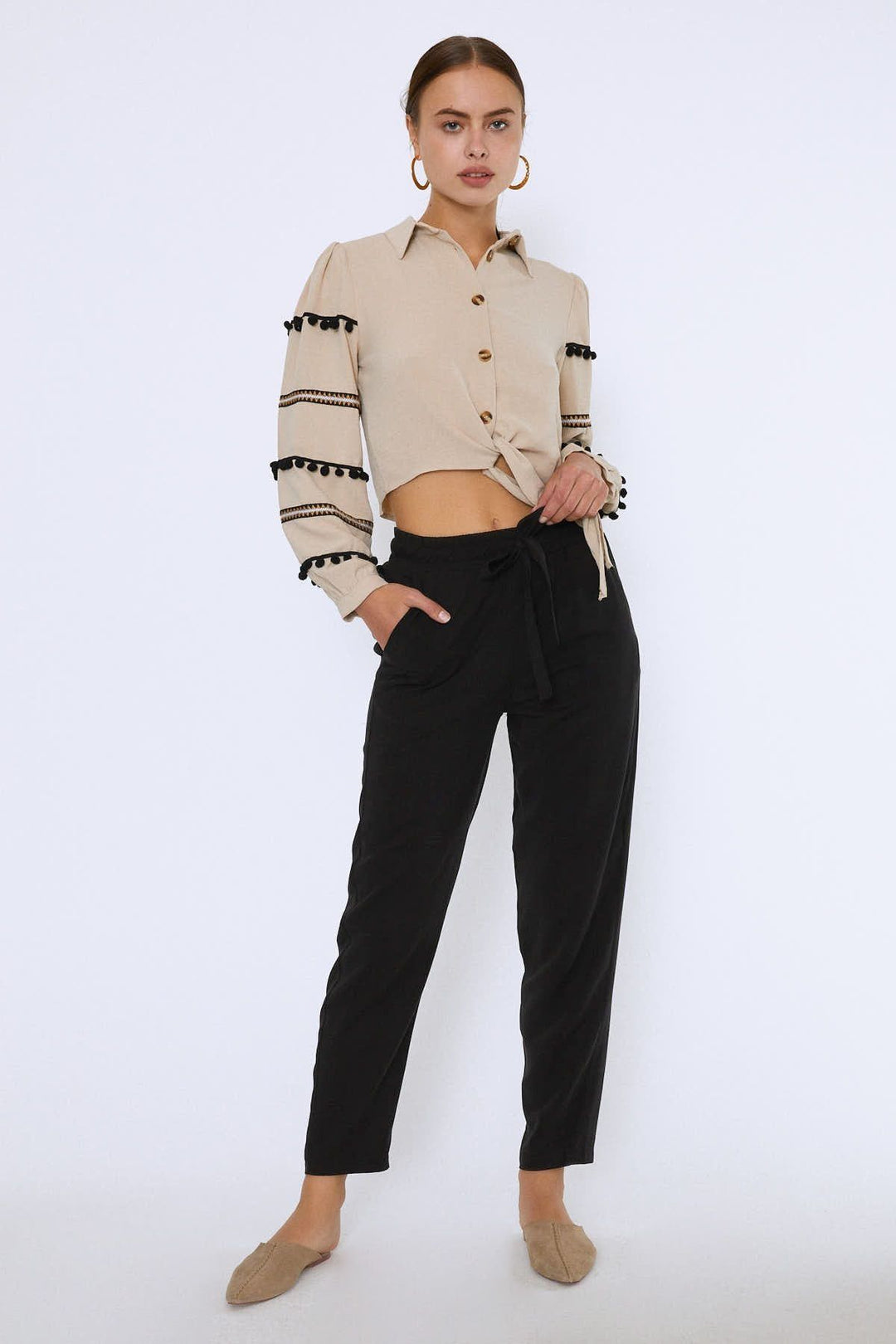 Beli Lastikli Kuşaklı Casual Pantolon Siyah