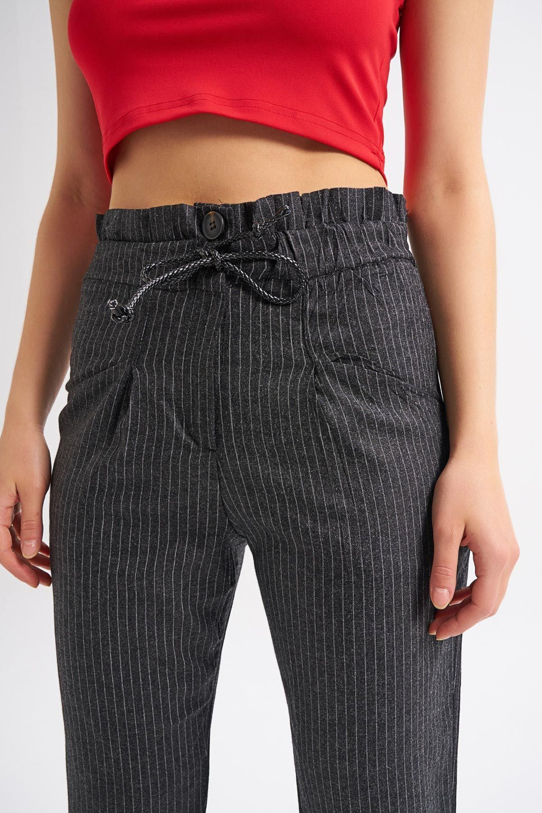 Tie Waist Striped Trousers Anthracite