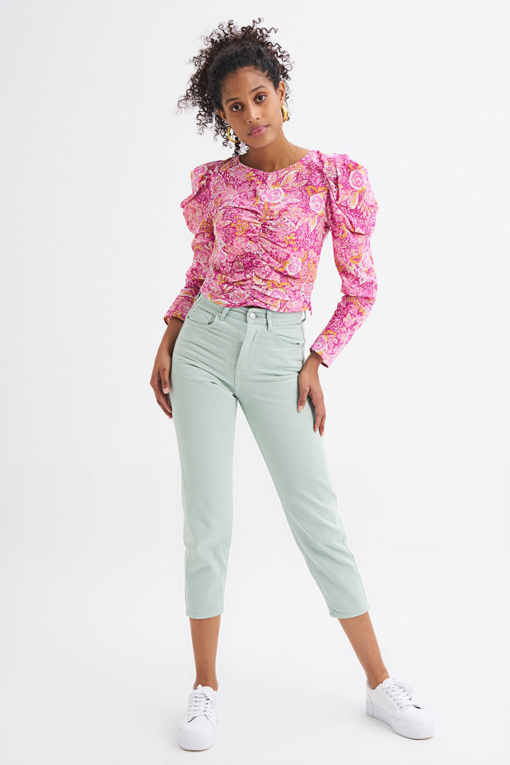 Floral Patterned Ruffle Detailed Blouse Pink