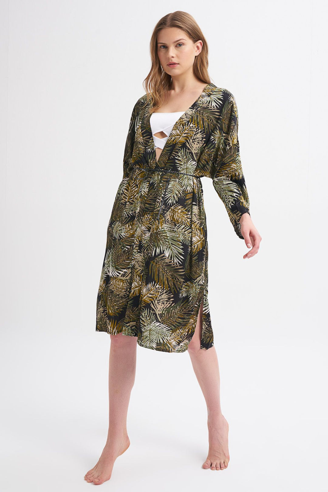 Beli Örgü Kemerli Kimono Haki