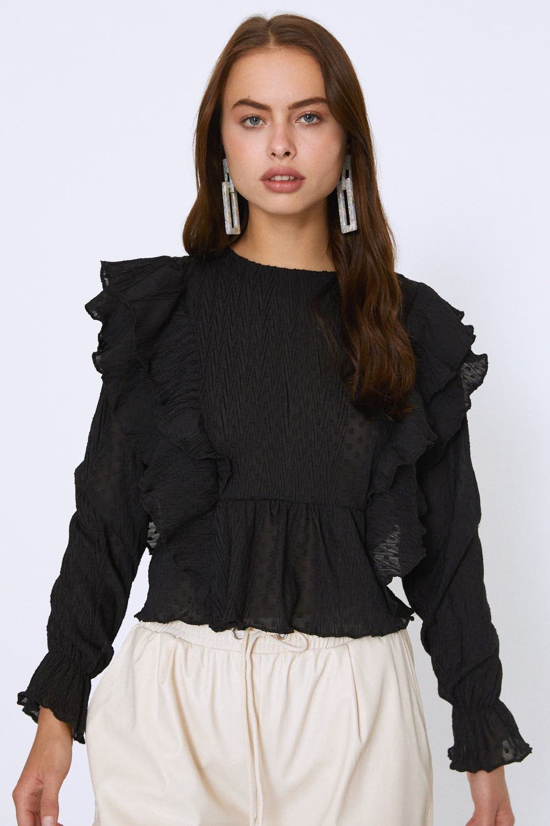 Ruffled Long Sleeve Blouse Black