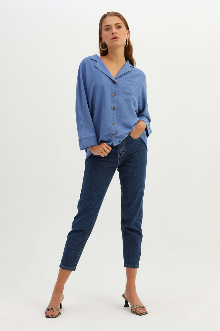 Tek Cepli Oversize Gömlek İndigo