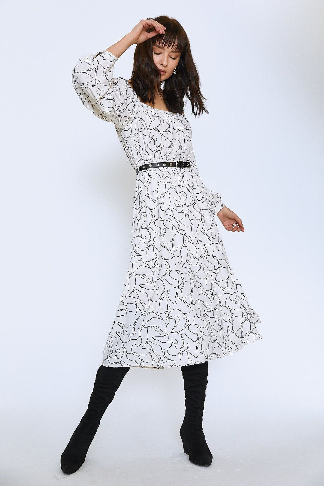 Patterned Belt Detailed Midi Dress Ecru