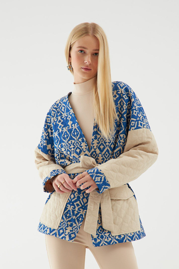 Tie Waist Quilted Jacket Blue