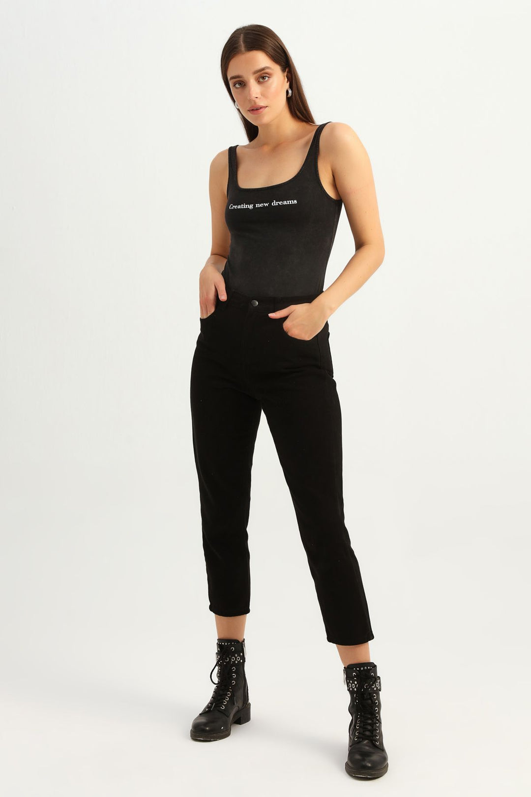 Yazı Baskılı Asklı Bodysuit Antrasit