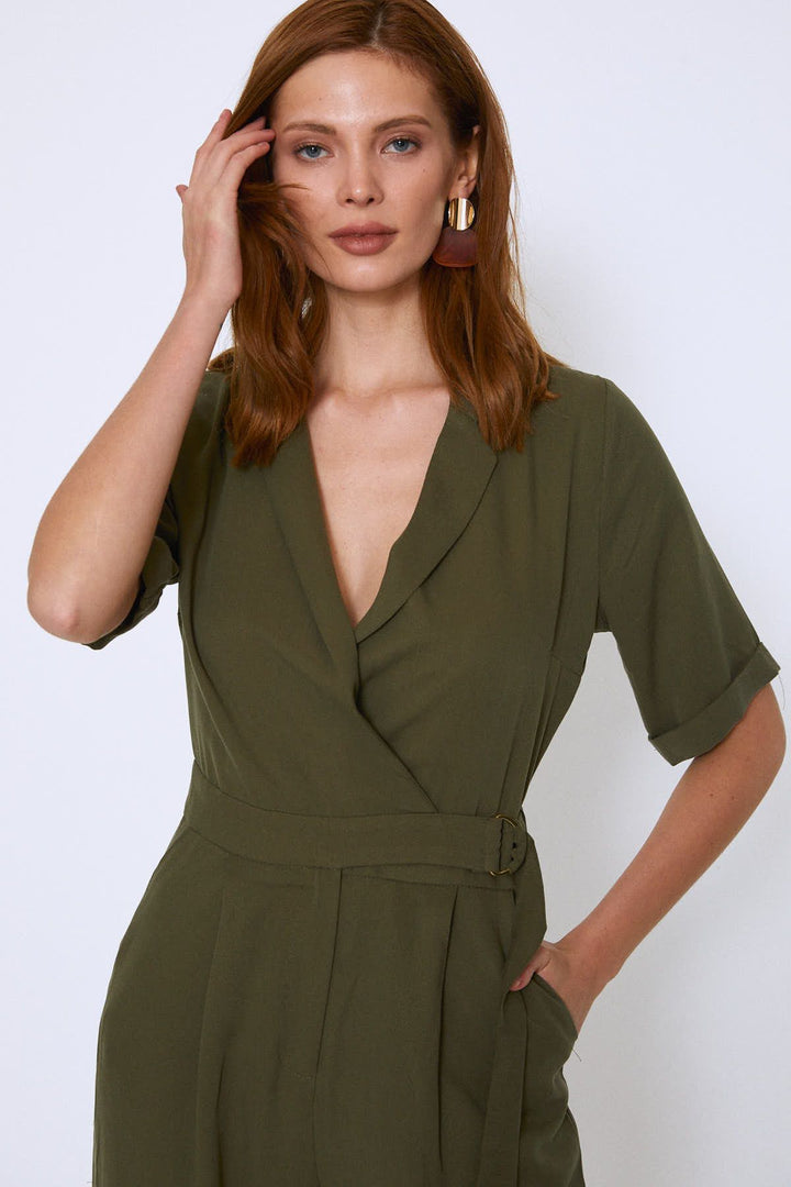 Yandan Bağlamalı V yaka Tulum Haki