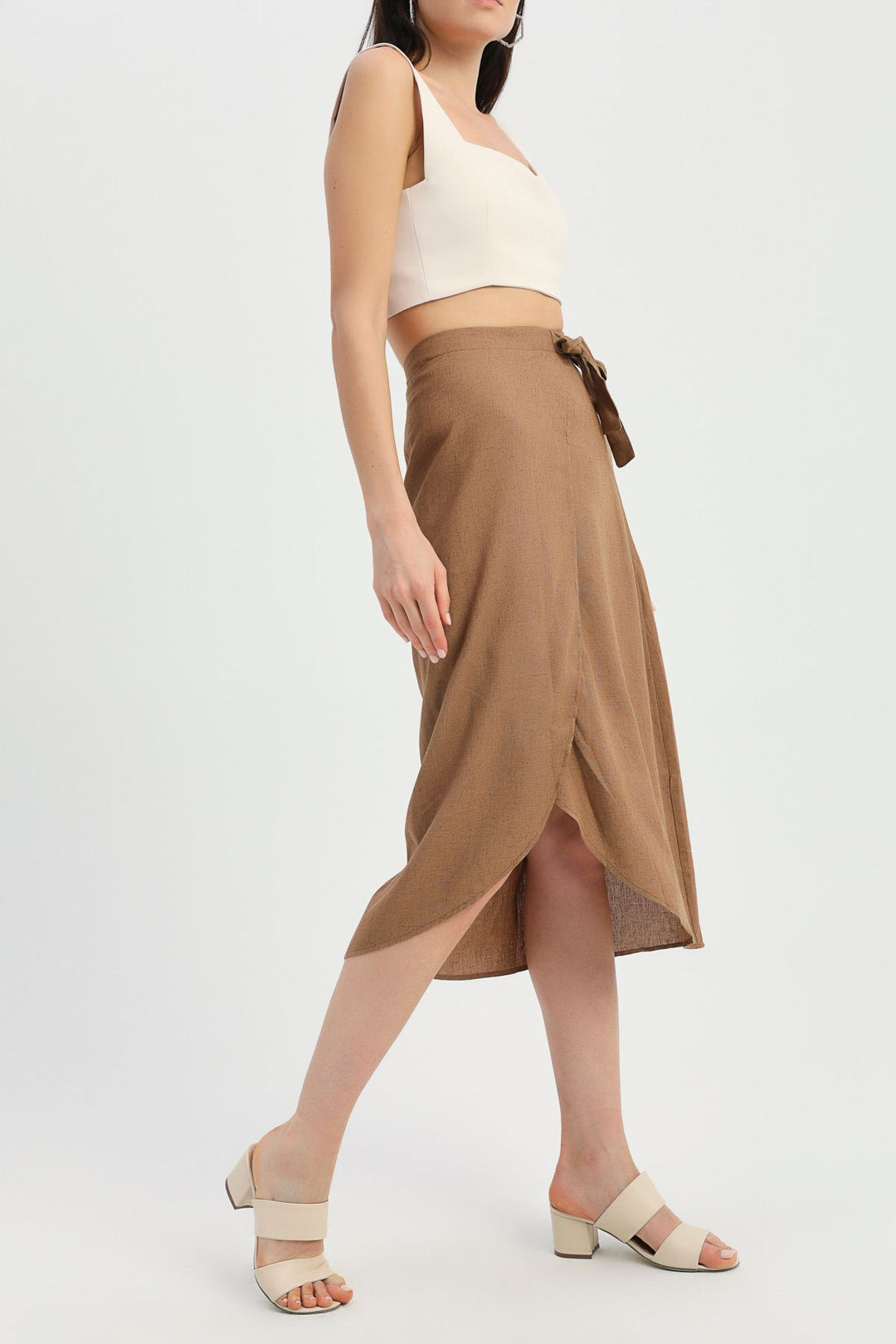 Tie Detailed Wrapped Linen Skirt Brown