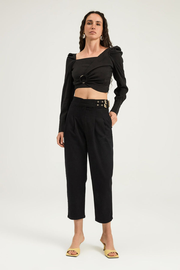 Buckle Detailed Balloon Sleeve Blouse Black