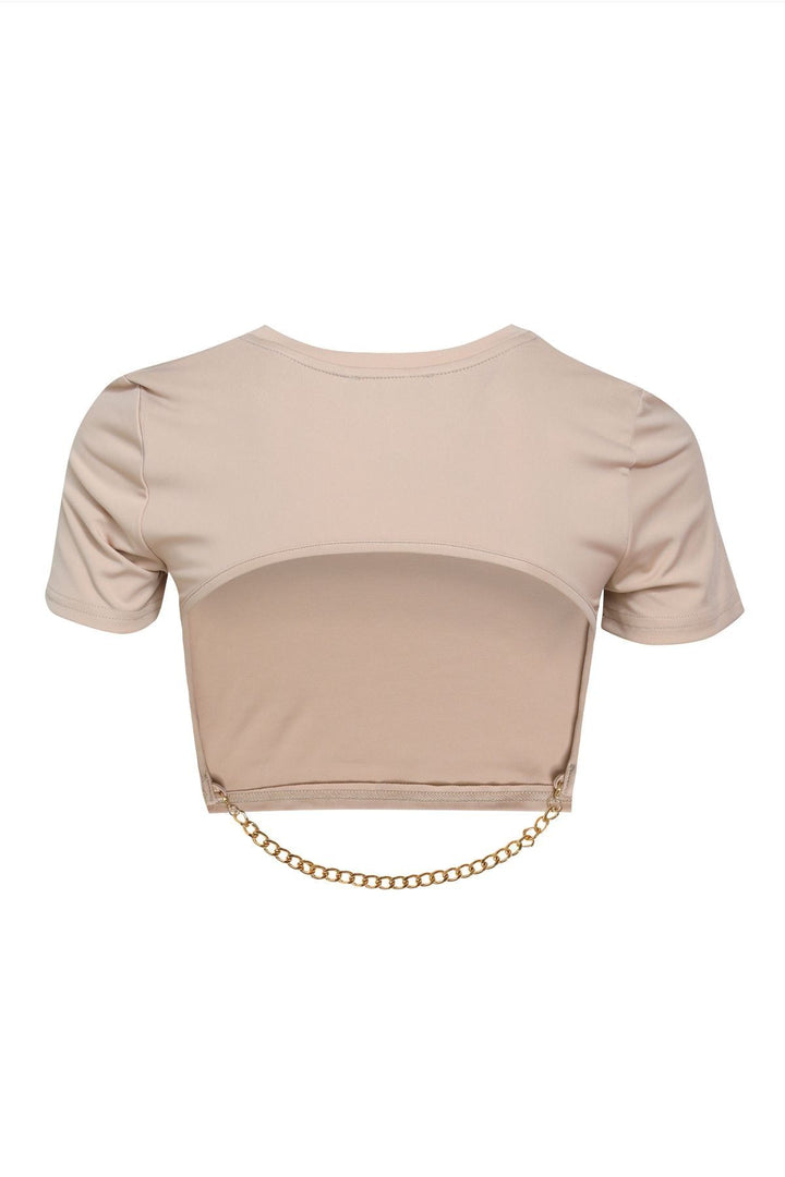 Zincir Detaylı Bisiklet Yaka Crop Bluz Bej