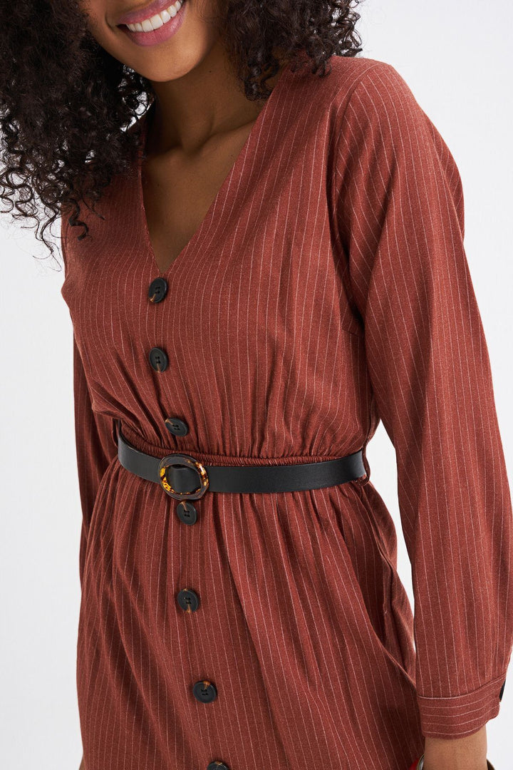 Belt Detailed Front Buttoned Striped Dress Tile