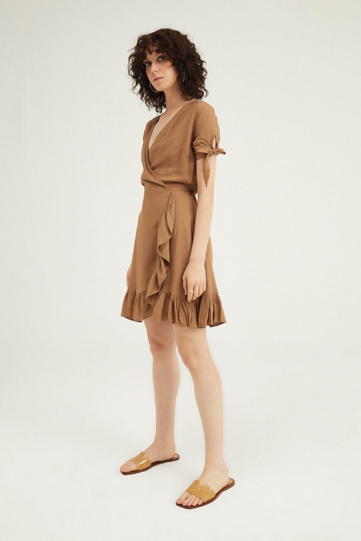 Double Breasted Frilly Linen Dress Brown