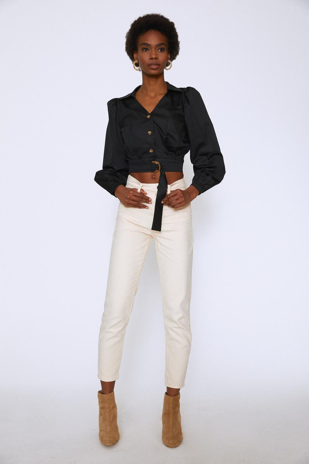 Önü Düğmeli Balon Kol Gömlek Siyah