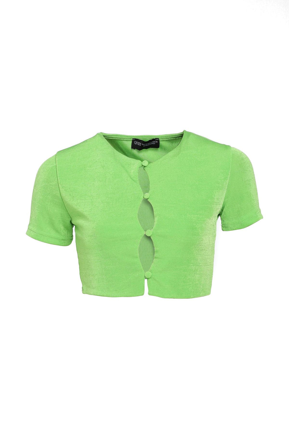 Dokulu Dekolteli Düğmeli Bluz Neon Yeşil
