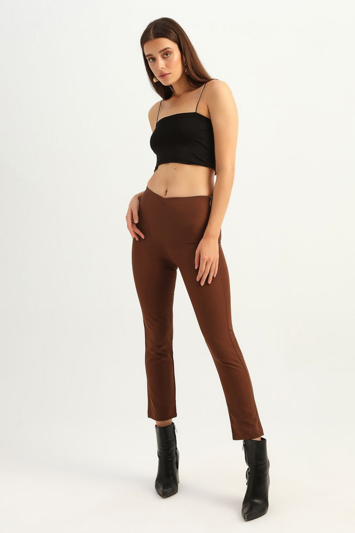 Beli Lastikli Dar Paça Pantolon Koyu Kahve