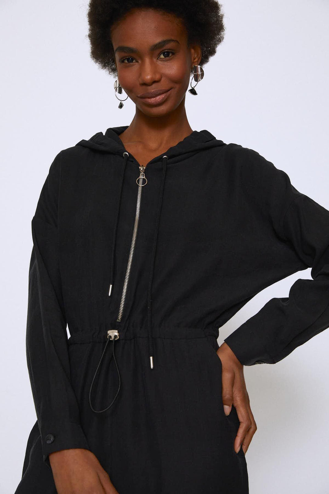 Zipper Front Hooded Jumpsuit Black