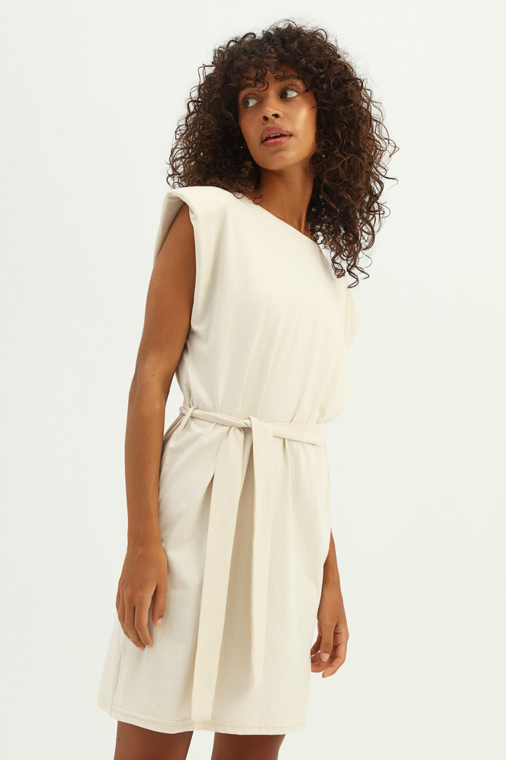 Waistband Waist Belted Basic Dress Light Beige