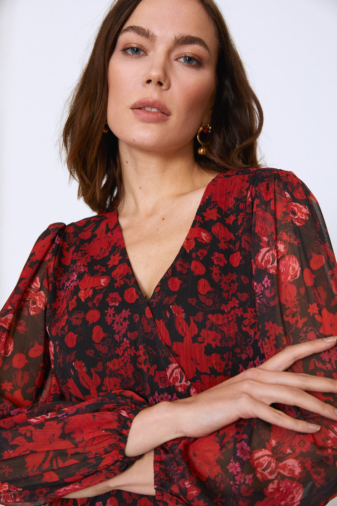 Çicek Desenli V Yaka Midi Elbise Kırmızı