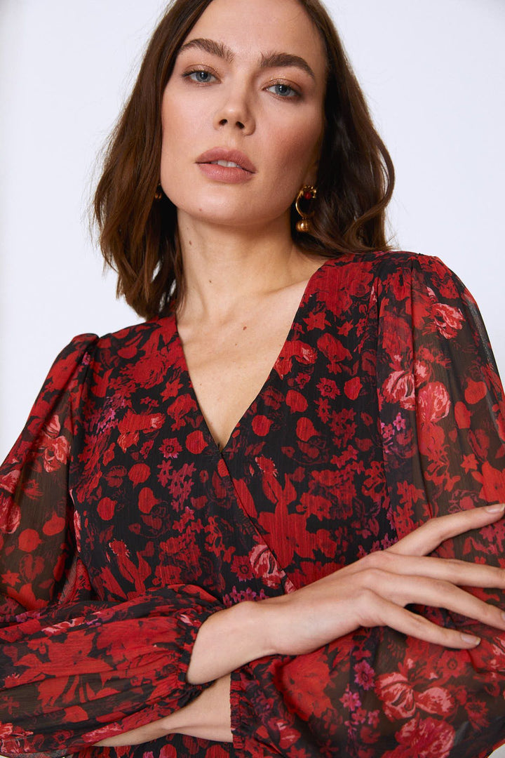 Çicek Desenli V Yaka Midi Elbise Kırmızı