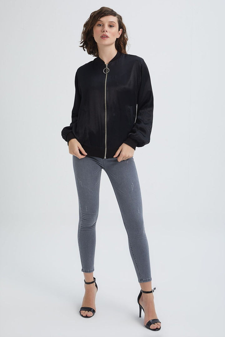 Stripe Detailed Bomber Jacket Black