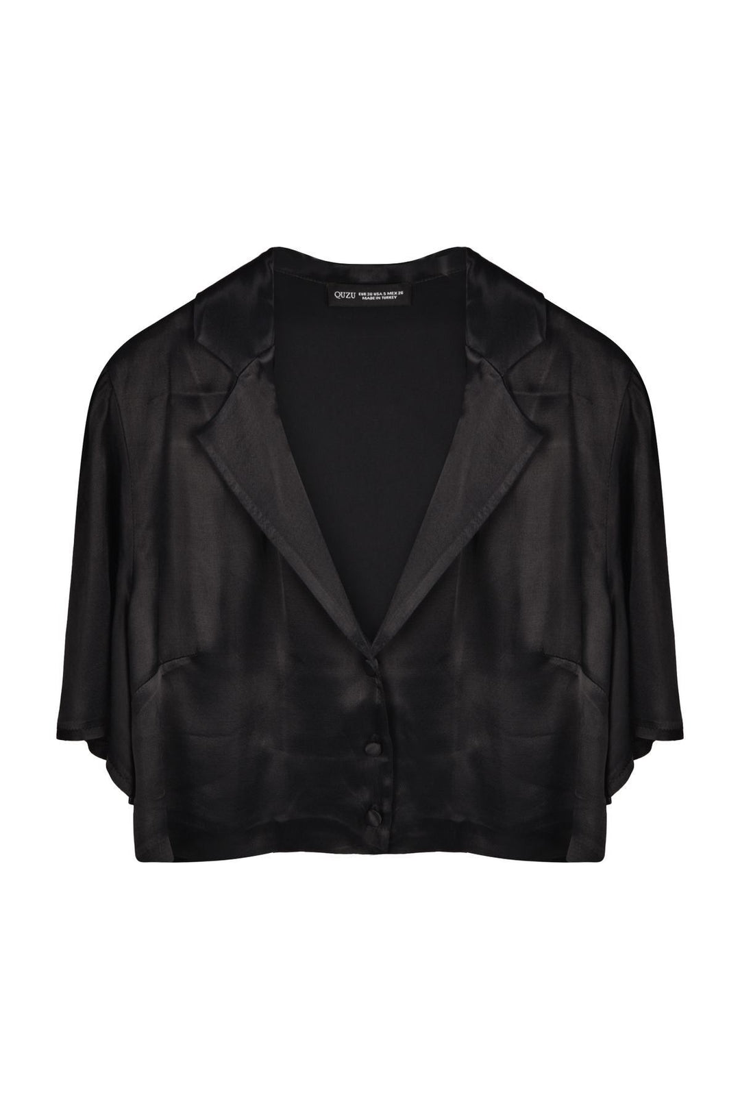 Button Detailed Crop Satin Shirt Black