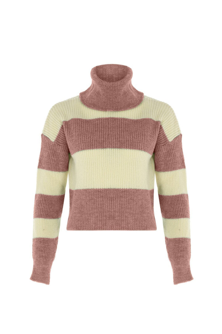 Çizgili Triko Kazak Koyu Pudra