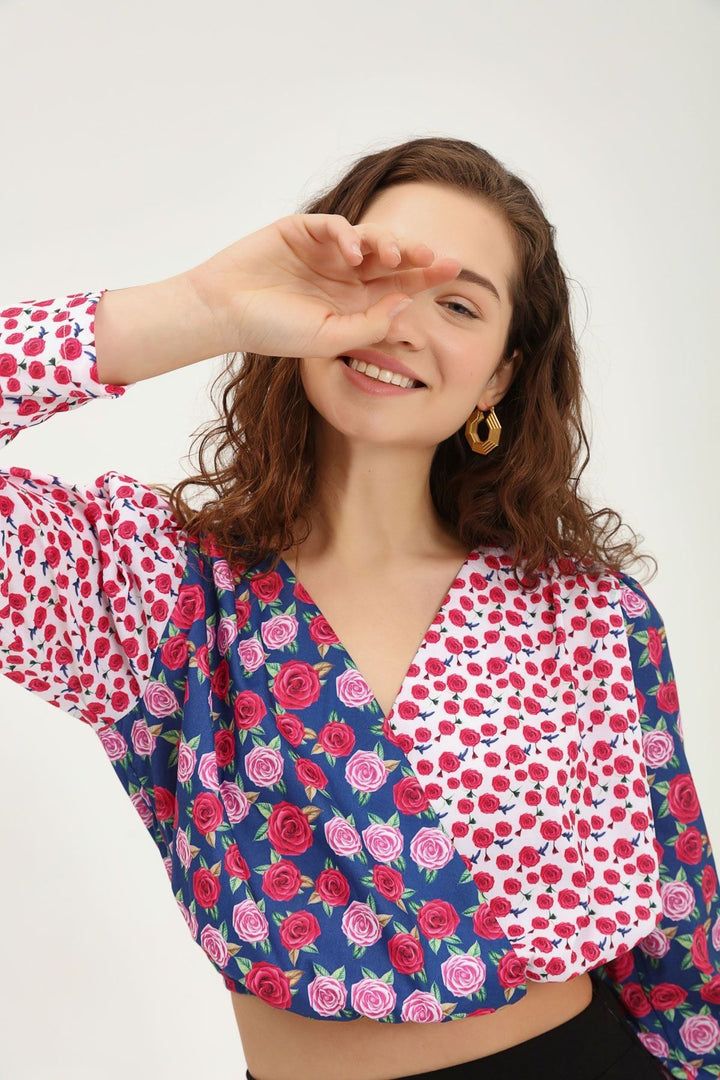 Çiçekli Kruvaze Vatkalı Bluz Fuşya