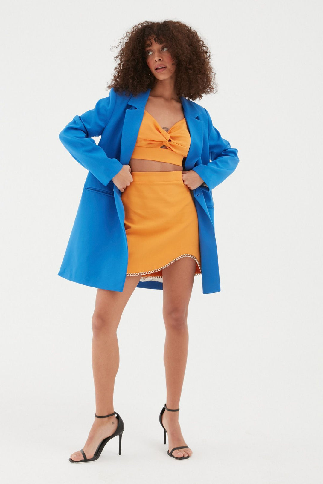 Yanı Yırtmaçlı Uzun Blazer Ceket Sax