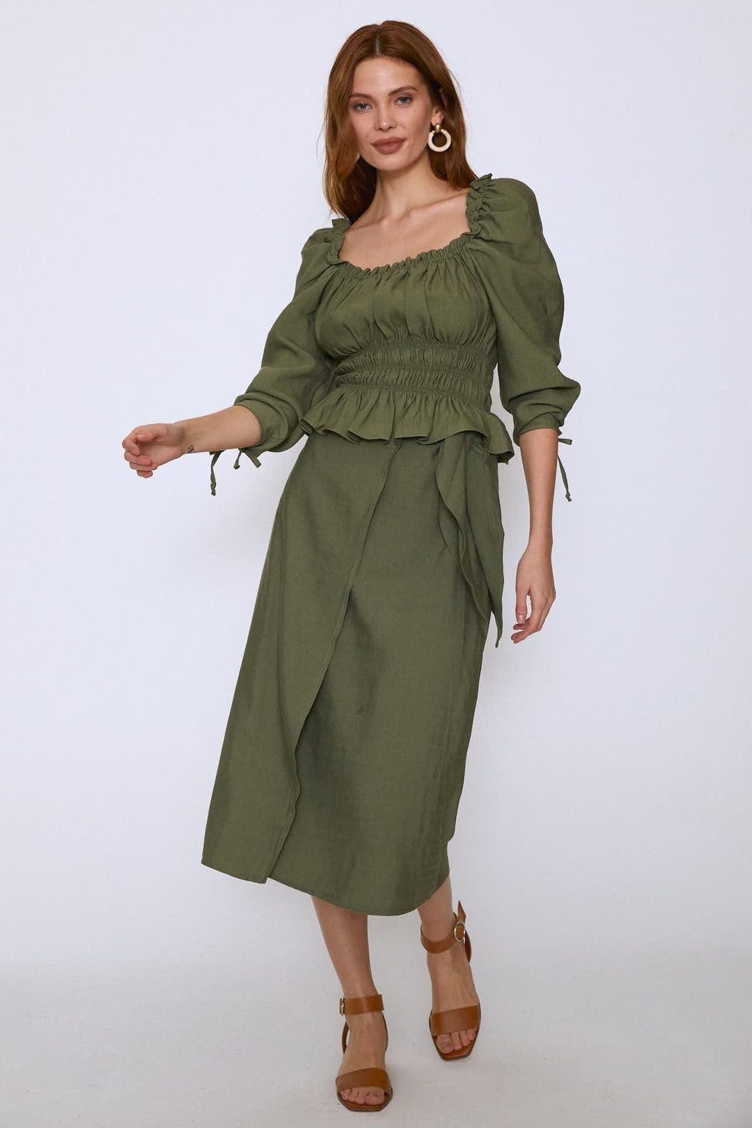 Watermelon Sleeve Square Collar Gipelli Blouse Khaki