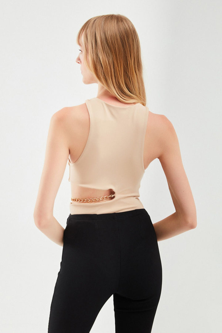 Chain Cut Out Bodysuit Beige