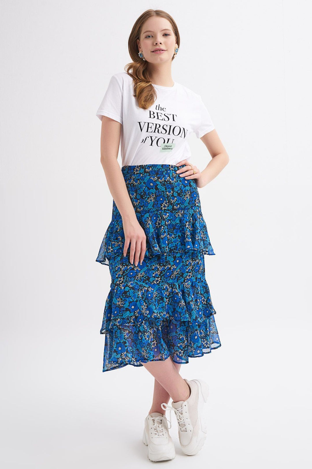 Desenli Fırfırlı Midi Etek Sax