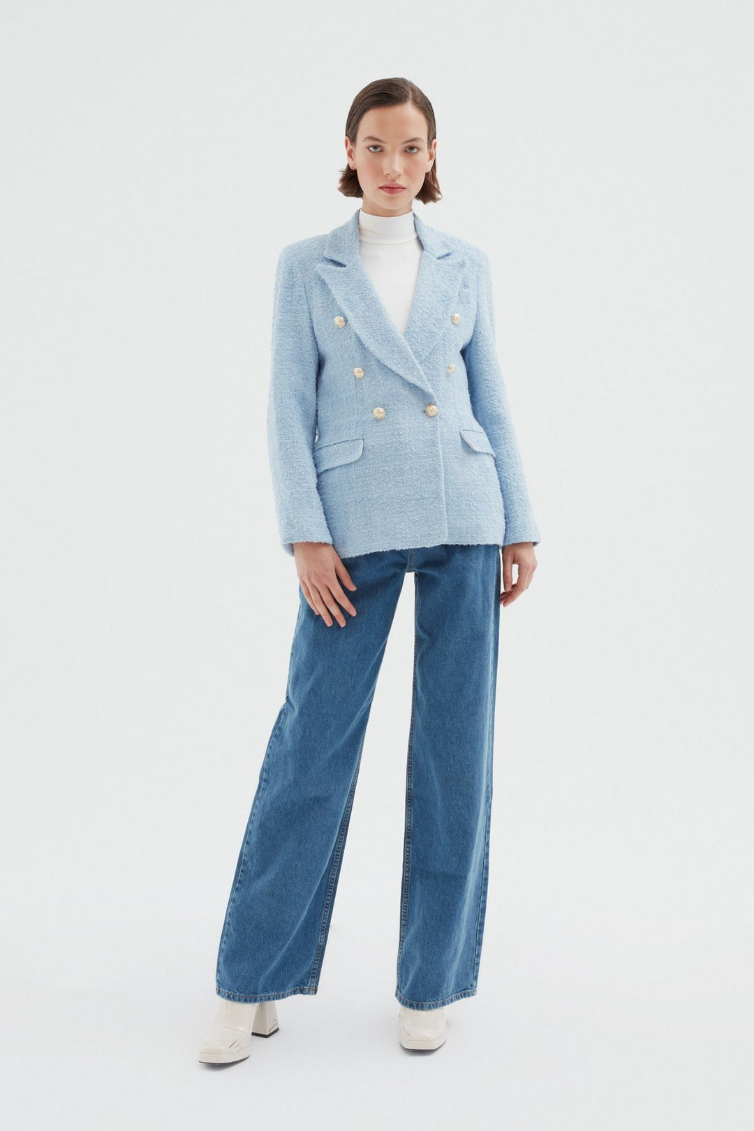 Kruvaze Tüvit Blazer Ceket Bebe Mavi