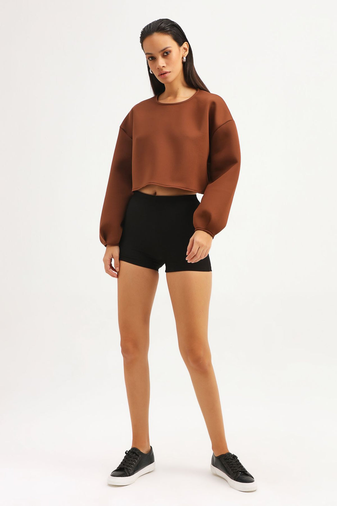 Dalgıç Kumaş Crop Sweatshirt Kahverengi