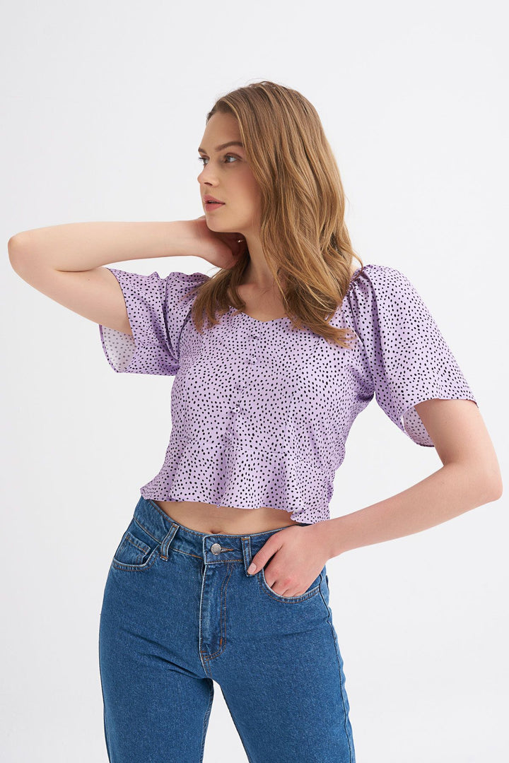 Button Detailed Polka Dot Volante Sleeve Blouse Lilac