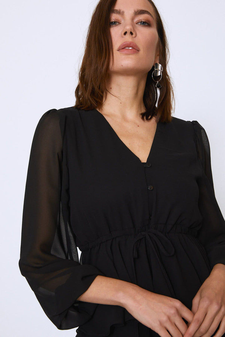 Eteği Katkat Şifon ELbise Siyah