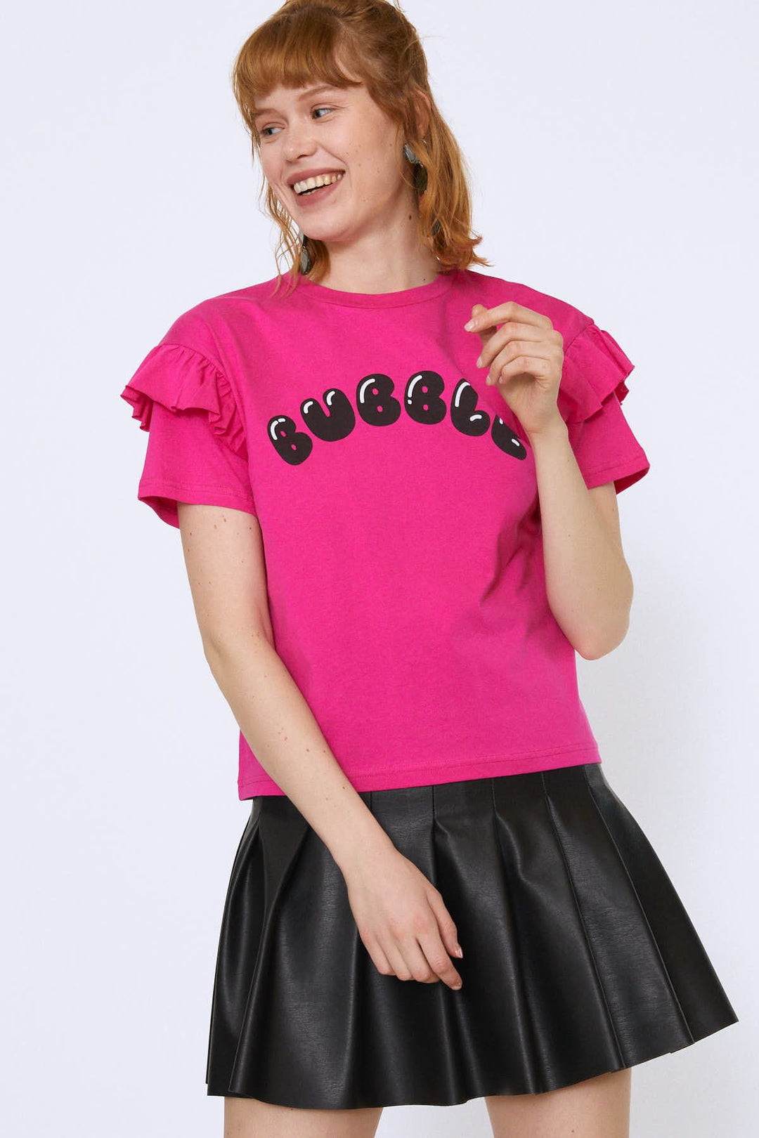 Kolları Fırfırlı Baskılı Tişört Fuşya