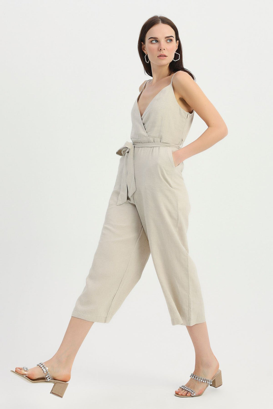 Askılı Beli Kuşaklı Keten Tulum Naturel