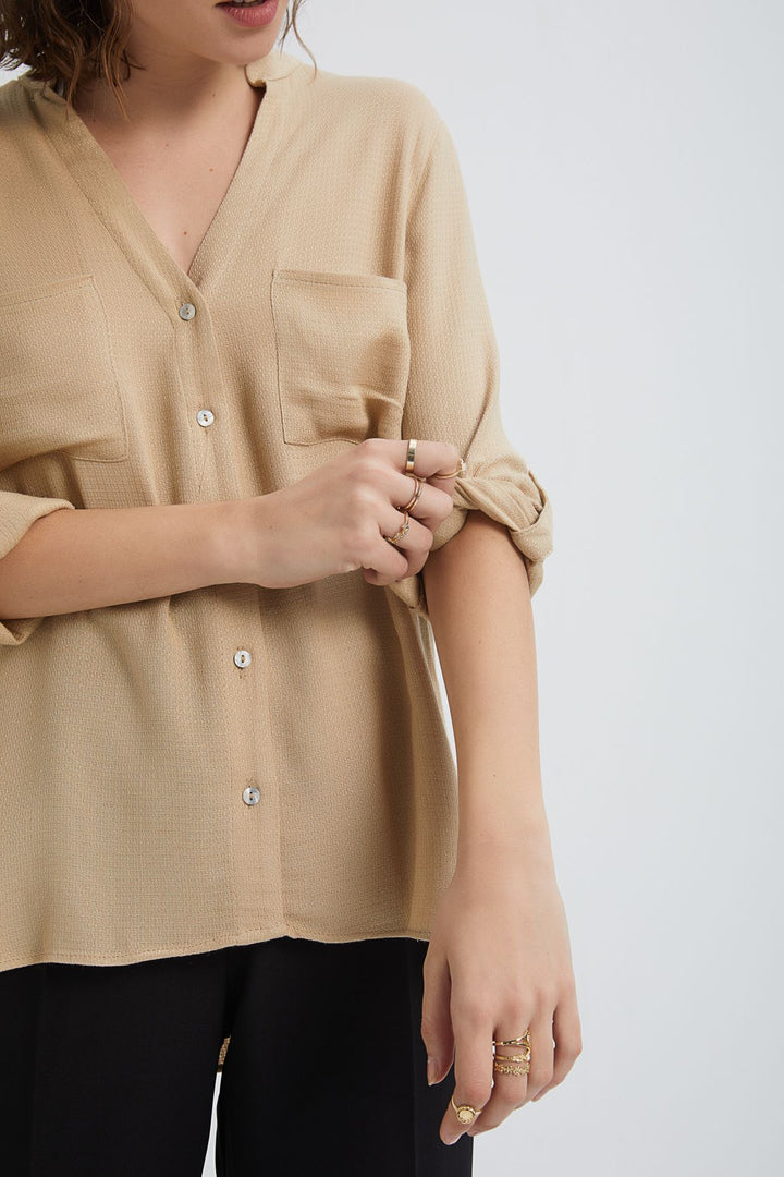 Three Quarter Sleeve Linen Shirt Beige
