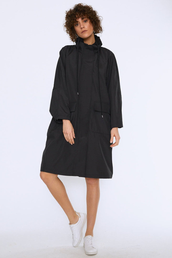 Printed Back Hooded Long Trench Coat Black